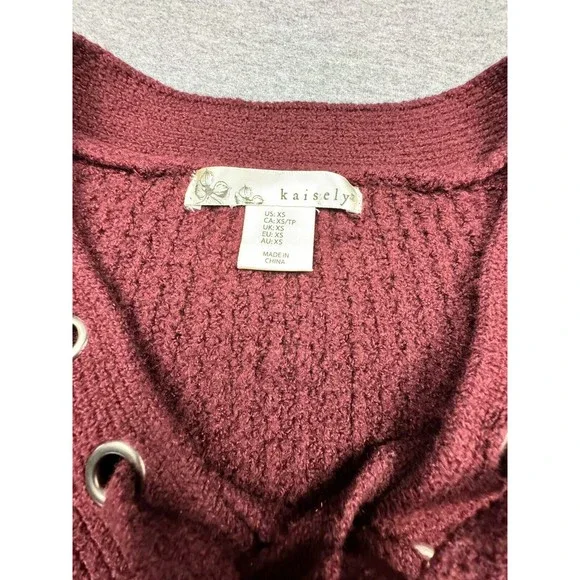 Anthropologie Kaisely Sweater Womens XS Burgundy Sweater Waffle Knit Laces - Picture 5 of 8